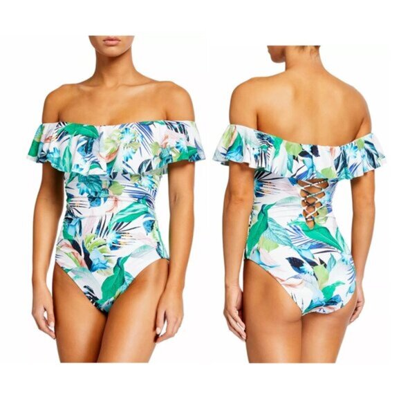 SOLD- swimsuit tropical bright Ruffle Off-The-Shoulder One Piece Size 6 NWT - Picture 1 of 8